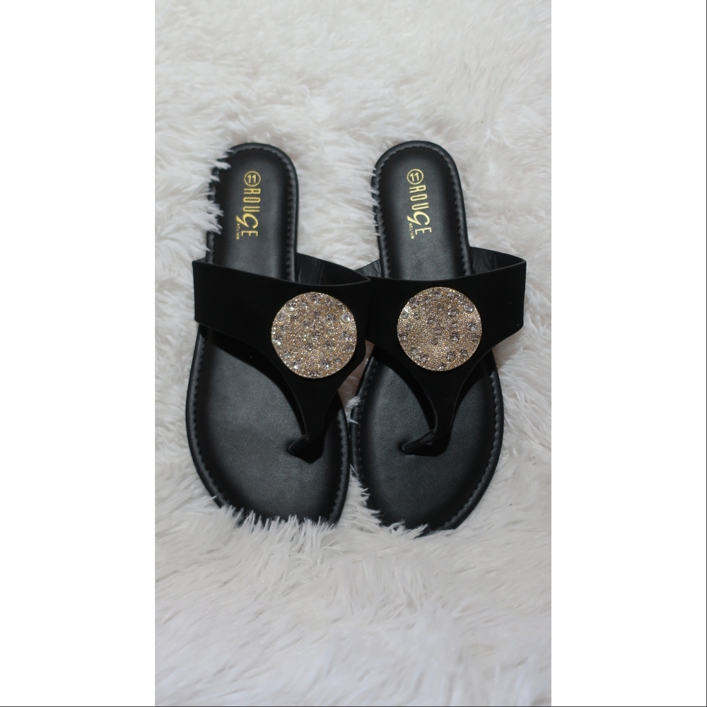 Black and Gold Sandals With Glittering Gold Discs